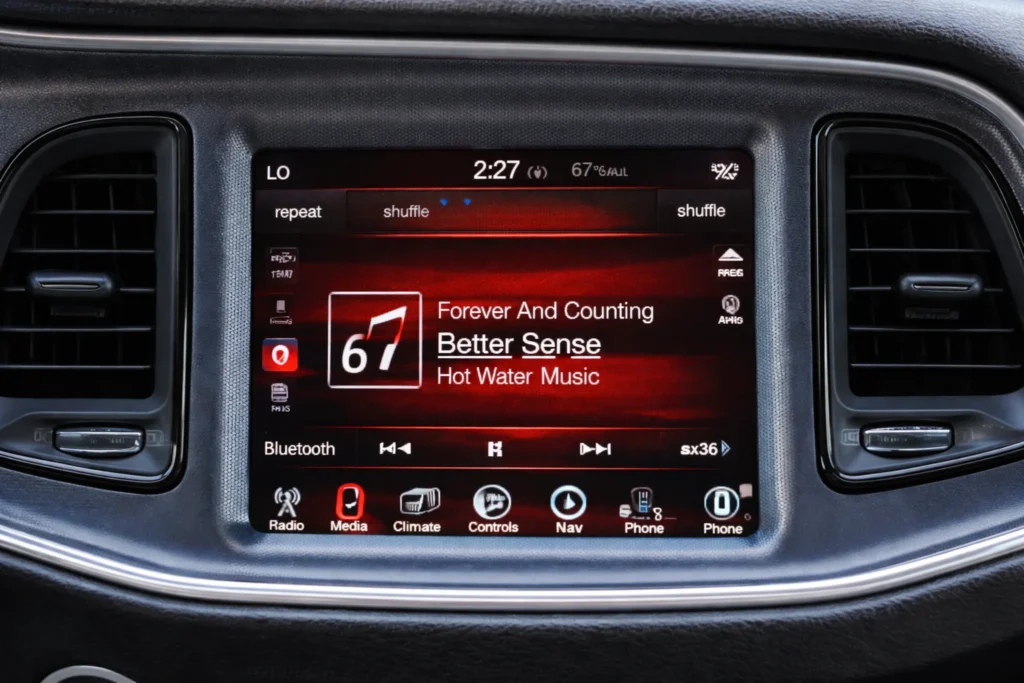 2015 Dodge Challenger SXT Uconnect Touchscreen Close Up on Media Screen 2015 Dodge Challenger SXT Uconnect Touchscreen Close Up on Media Screen