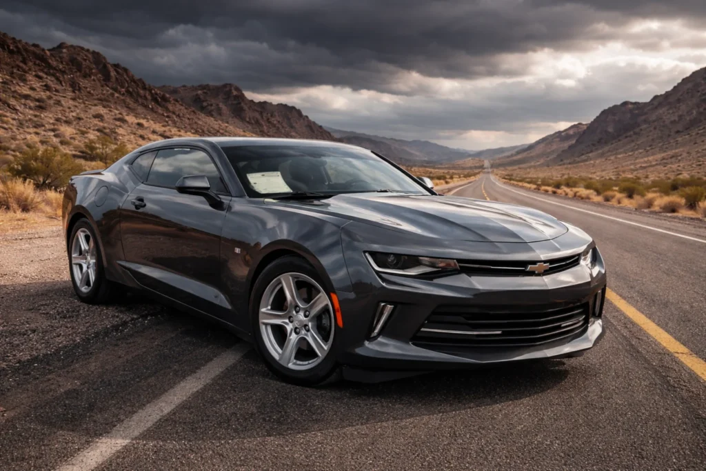 2017 chevrolet camaro v6 front left three quarter on desert highway with five spoke wheels and moody overcast sky 2017 chevrolet camaro v6 front left three quarter on desert highway with five spoke wheels and moody overcast sky