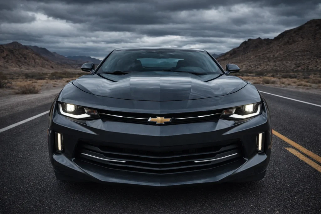 2017 chevrolet camaro v6 head on front view on open desert road with led headlights illuminated 2017 chevrolet camaro v6 head on front view on open desert road with led headlights illuminated