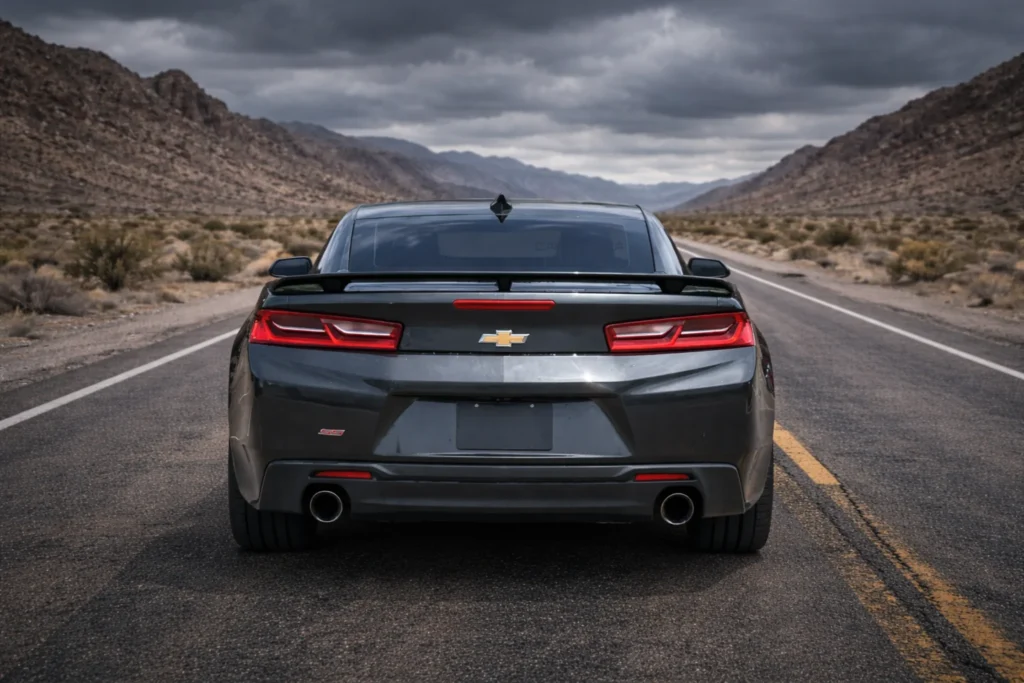 2017 chevrolet camaro v6 rear straight on view on empty desert highway with led taillights and dual exhaust 2017 chevrolet camaro v6 rear straight on view on empty desert highway with led taillights and dual exhaust
