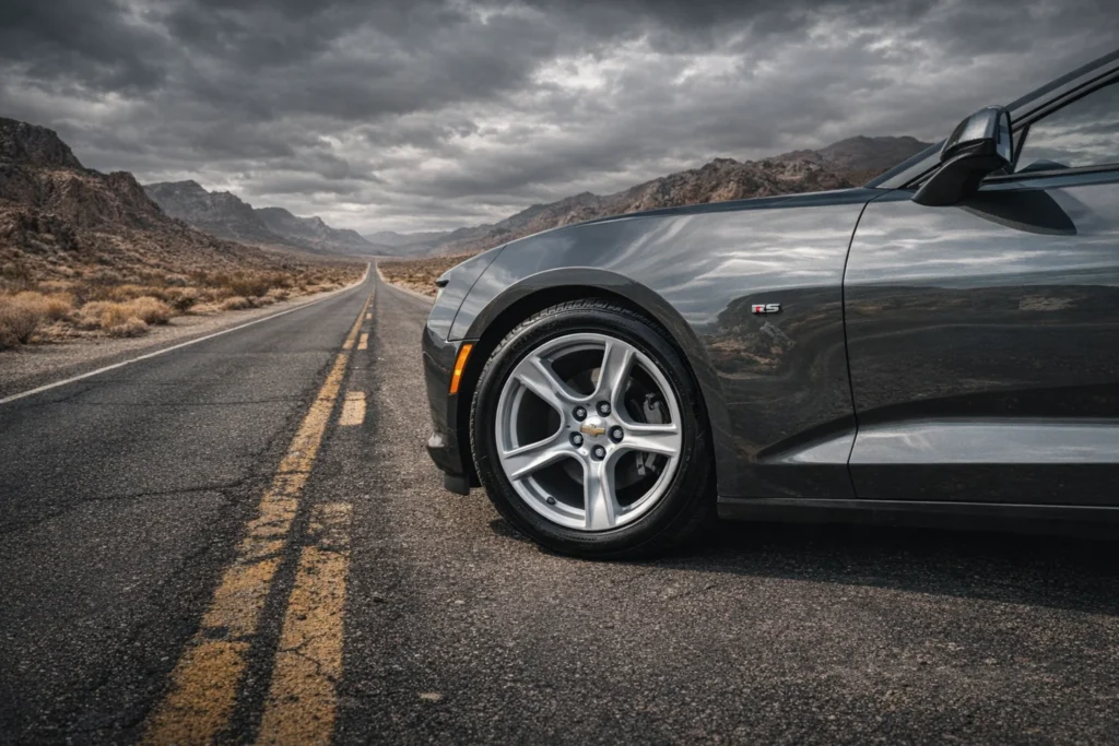 2017 chevrolet camaro v6 rs front wheel and fender close up on desert highway with double yellow lines 2017 chevrolet camaro v6 rs front wheel and fender close up on desert highway with double yellow lines