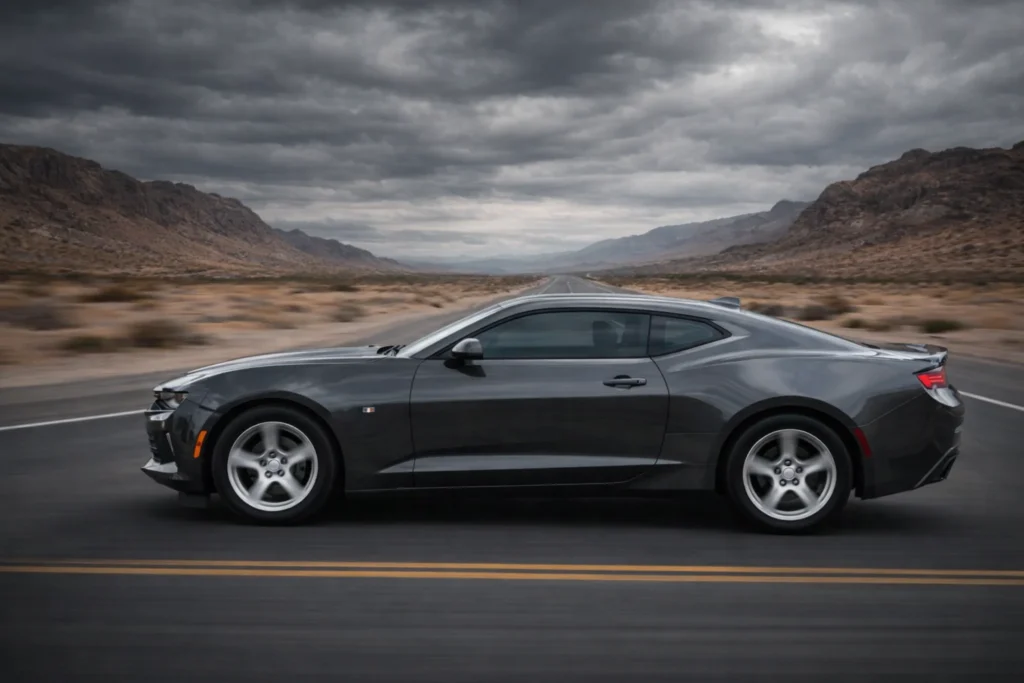 2017 chevrolet camaro v6 side profile panning shot on desert highway with motion blur and fastback roofline 2017 chevrolet camaro v6 side profile panning shot on desert highway with motion blur and fastback roofline