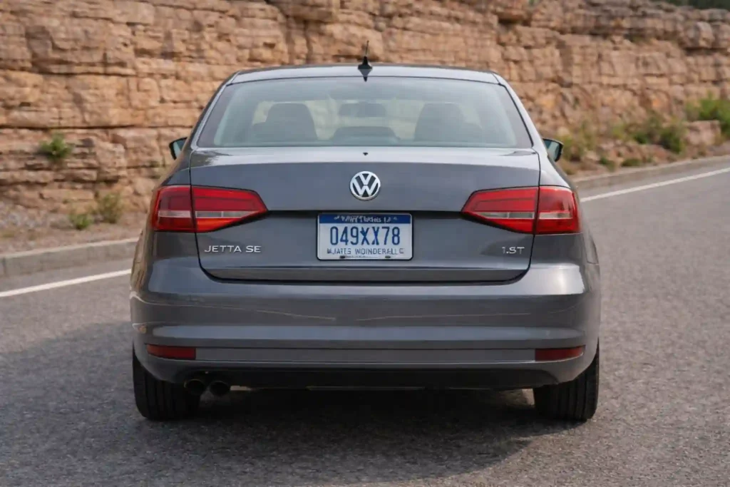 A close up of the 2015 Volkswagen Jetta 1.8T SE front wheel shows the silver alloy rim tire sidewall and lower front fender in daylight A close up of the 2015 Volkswagen Jetta 1.8T SE front wheel shows the silver alloy rim tire sidewall and lower front fender in daylight