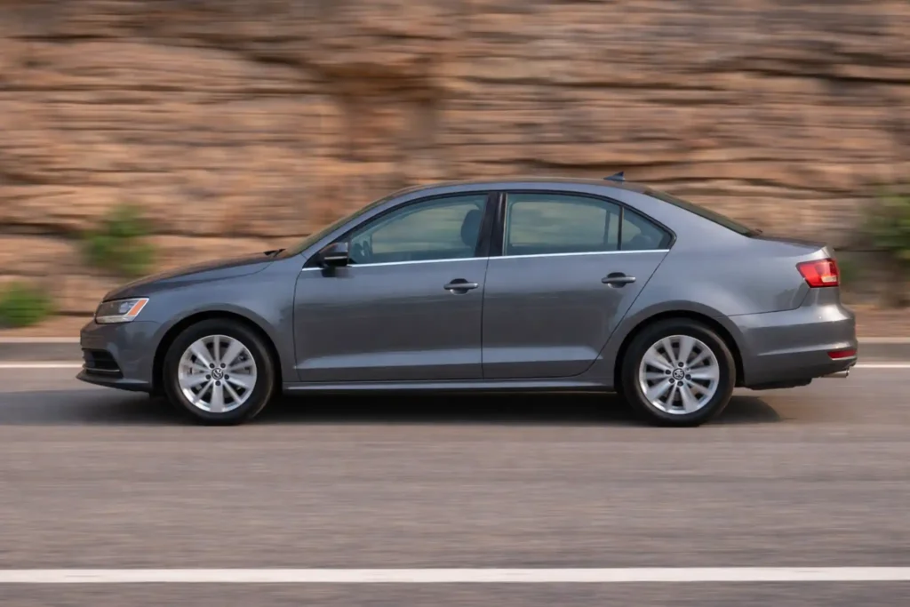 A gray 2015 Volkswagen Jetta 1.8T SE is captured from a wider front three quarter perspective showing the side profile lines and silver multi spoke wheels on a curving road A gray 2015 Volkswagen Jetta 1.8T SE is captured from a wider front three quarter perspective showing the side profile lines and silver multi spoke wheels on a curving road