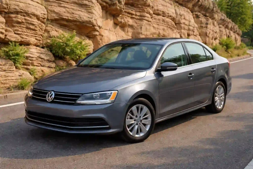 A gray 2015 Volkswagen Jetta 1.8T SE is shown from a front three quarter angle on a paved road beside a tan rock wall in daylight A gray 2015 Volkswagen Jetta 1.8T SE is shown from a front three quarter angle on a paved road beside a tan rock wall in daylight
