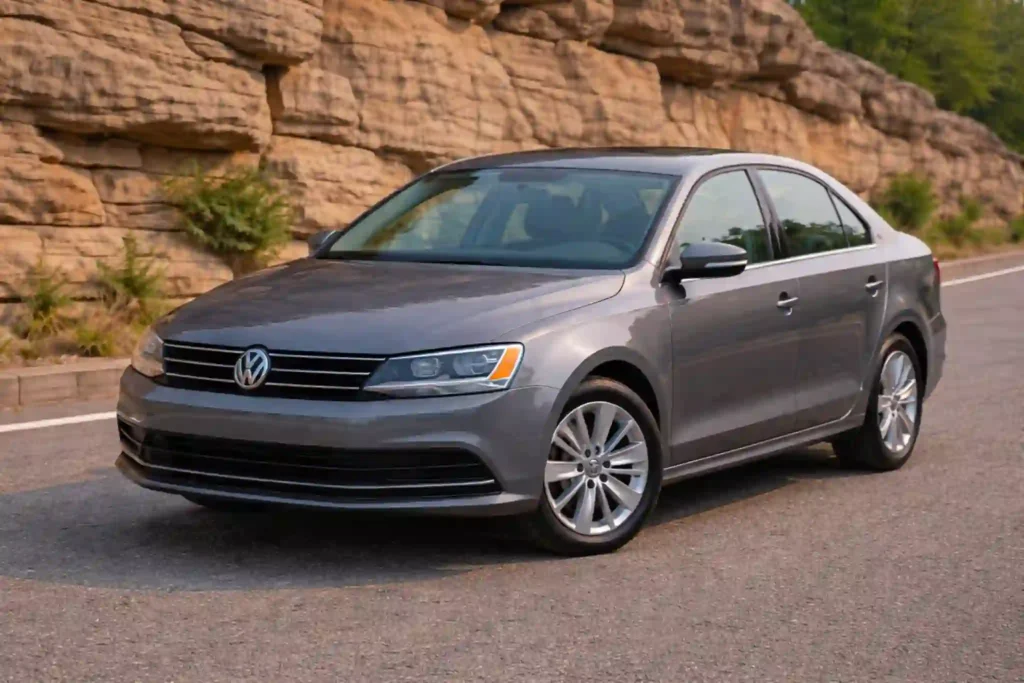 A gray 2015 Volkswagen Jetta 1.8T SE is viewed from a high front angle emphasizing the hood windshield and VW grille centered on the roadway A gray 2015 Volkswagen Jetta 1.8T SE is viewed from a high front angle emphasizing the hood windshield and VW grille centered on the roadway