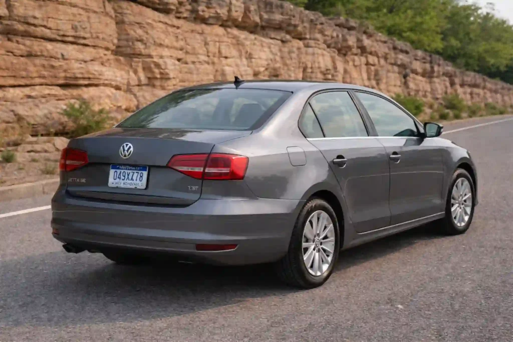 A head on front view of a gray 2015 Volkswagen Jetta 1.8T SE shows the VW emblem horizontal grille bars and headlights with a rock wall in the background A head on front view of a gray 2015 Volkswagen Jetta 1.8T SE shows the VW emblem horizontal grille bars and headlights with a rock wall in the background