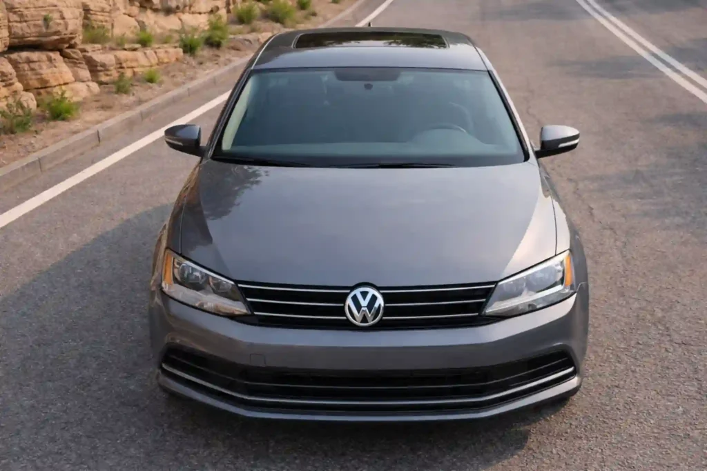 A straight rear view of a gray 2015 Volkswagen Jetta 1.8T SE highlights the VW badge taillights and rear bumper parked on an empty road A straight rear view of a gray 2015 Volkswagen Jetta 1.8T SE highlights the VW badge taillights and rear bumper parked on an empty road