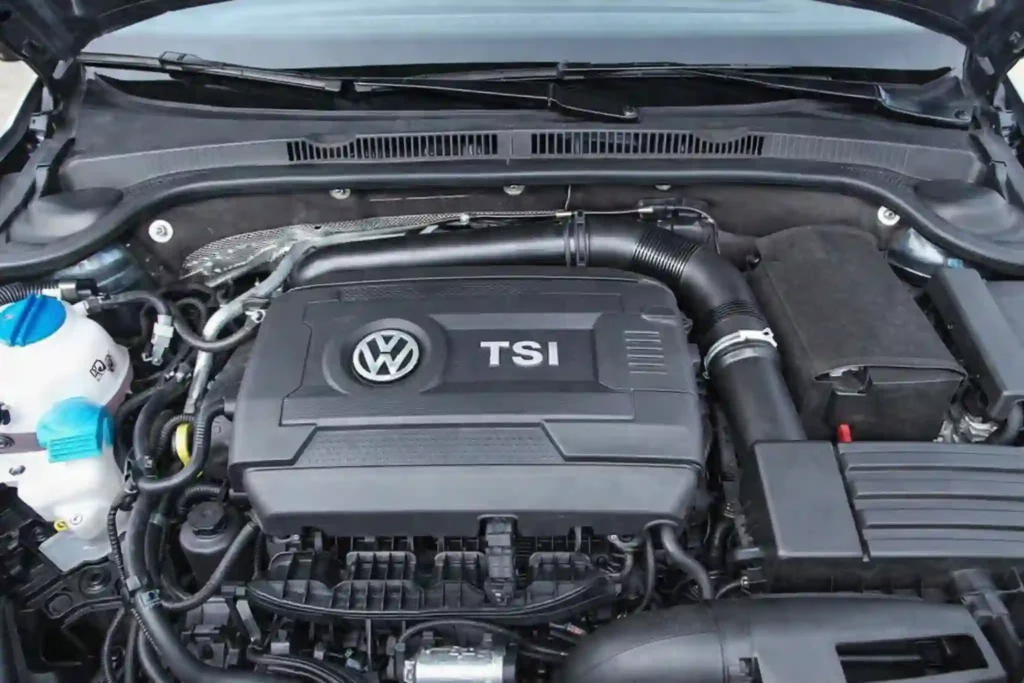 The engine bay of a 2015 Volkswagen Jetta 1.8T SE is shown from above with the TSI engine cover intake piping and coolant reservoir visible under the open hood The engine bay of a 2015 Volkswagen Jetta 1.8T SE is shown from above with the TSI engine cover intake piping and coolant reservoir visible under the open hood